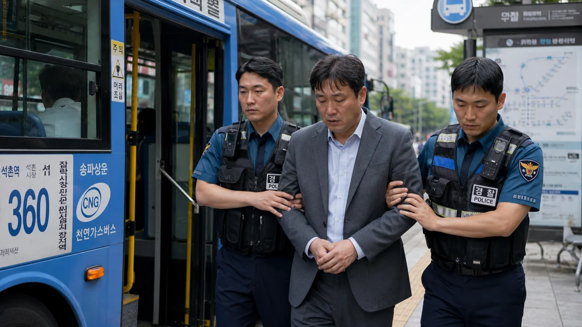 강남 특수강간 재범, 무기징역 피하는 변론 전략 (2026) 2 강남 특수강간 재범 처벌|경찰관들에게 연행되는 정장 차림의 남성