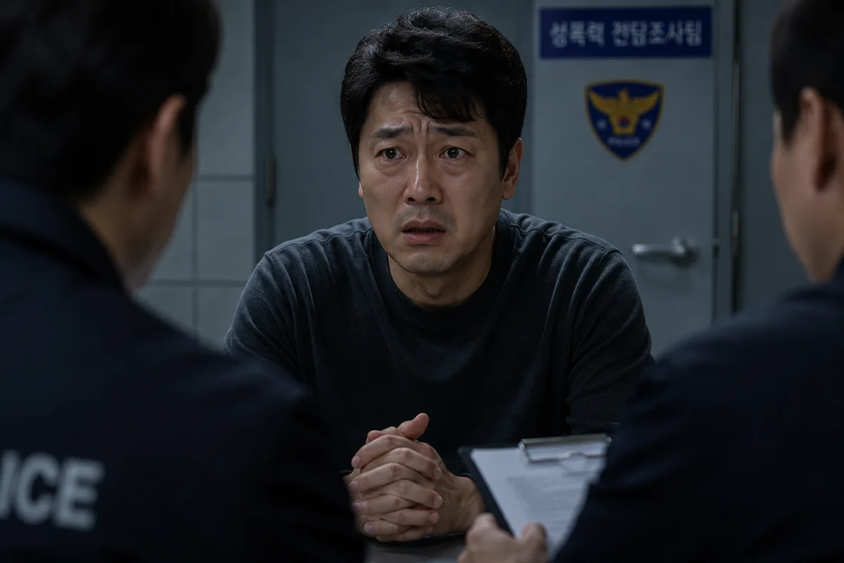 강남 특수강간 재범, 무기징역 피하는 변론 전략 (2026) 6 강남 특수강간 재범 처벌|성폭력 전담조사팀에서 경찰 조사를 받는 남성의 모습