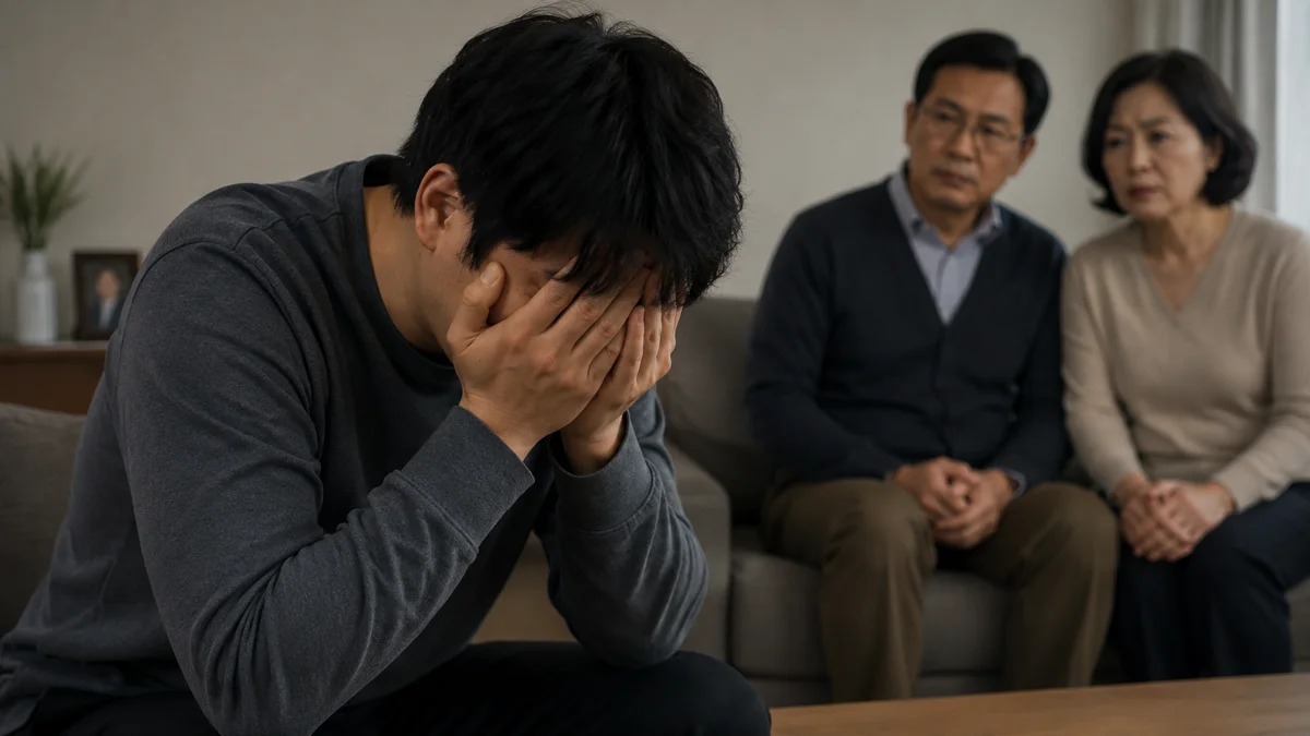 양천구 공연음란 재범 형량|얼굴을 감싸 쥐고 괴로워하는 남성과 걱정하는 부모님