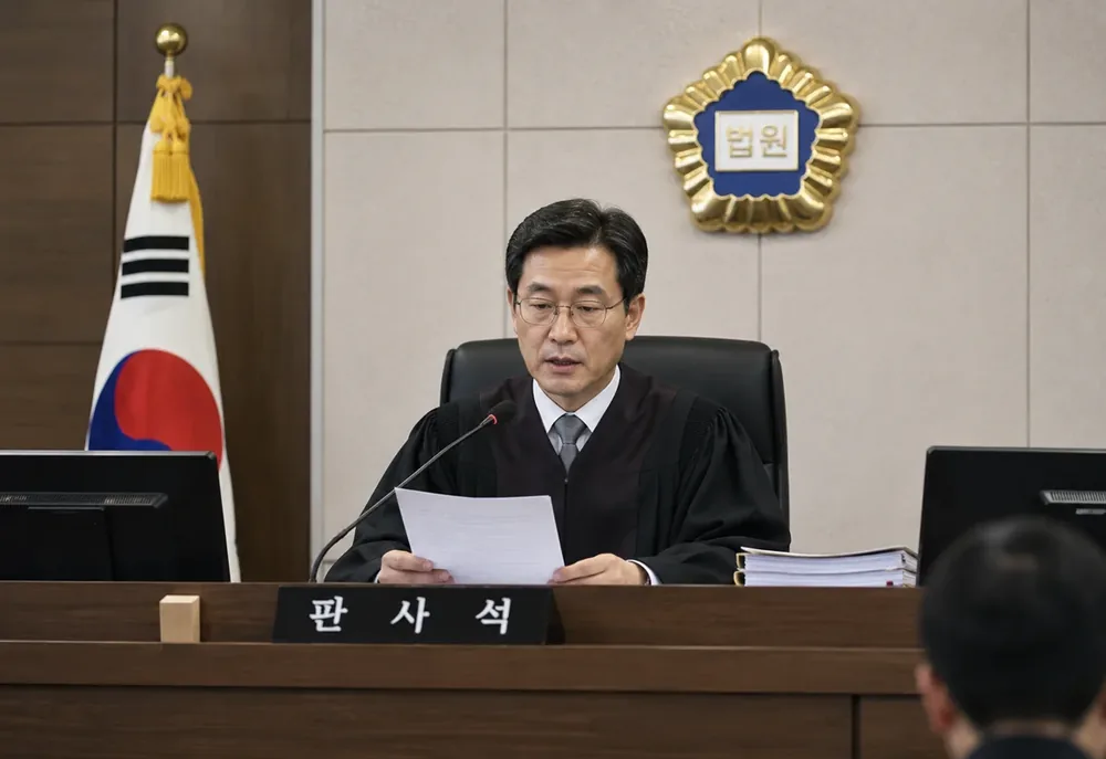 서초구 성범죄, 법무법인 혜명 오선희 변호사 대응 전략 5 법정 판사석에 앉아 서류를 검토하는 판사의 모습